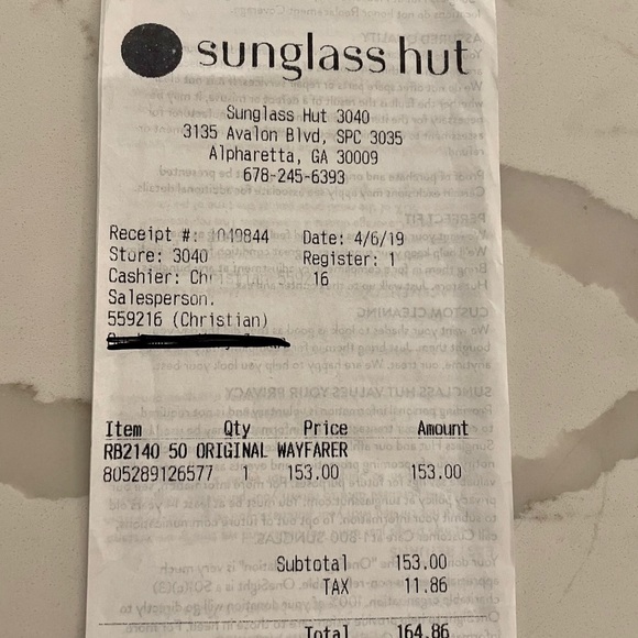sunglass hut receipt